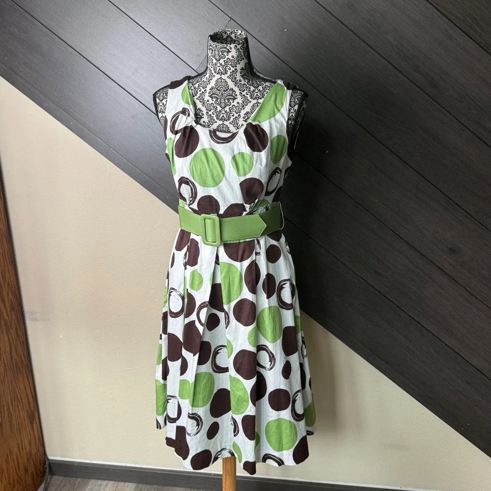 East 5th Women's Polka Dot Fit & Flare Belted Dress Size 8 Green Brown White - Picture 2 of 9